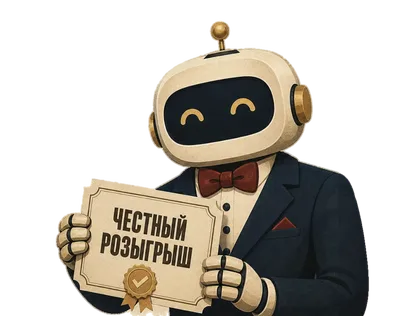 Робот в костюме держит табличку «Честный розыгрыш» с печатью